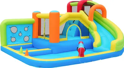 Zdjęcie produktu dla Nadmuchiwany dmuchany zamek, wytrzymała tkanina Oxford, 4,5 m x 3,6 m x 3 m, przeznaczony dla dzieci w wieku 6–14 lat, dmuchawa o mocy 450 W, nośność 136 kg