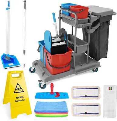 Imagen del producto de Silecomplaza, carro de limpieza profesional con depósito de 100 litros para cubos. Incluye: práctico set de limpieza con 2 cubos de 18 litros y 2 cubos de 5 litros, prensa para mopas estable, soporte para escobas y trapos. El set también incluye 3 mopas de 40 cm y 12 paños de microfibra