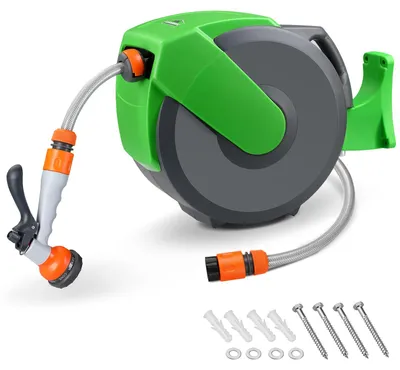 Produktbild von GARDEBRUK® Schlauchtrommel 20m + 2m mit Wandhalterung Garten 1/2“ Multifunktions-Handbrause Schlauchführung Schlauchaufroller Wandschlauchbox