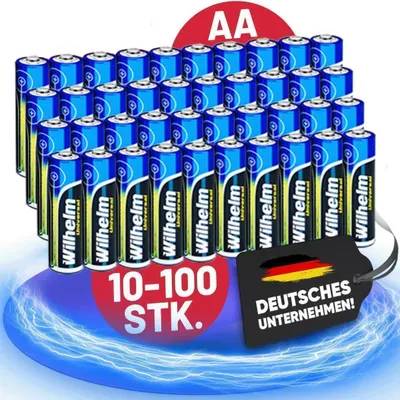 A large group of AA batteries are displayed with marketing text and a German flag tag.