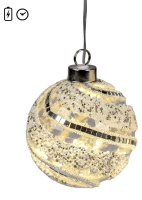 Produktbild von LED Hängedeko Kugel Frosty Glitter ⌀ 10cm weiß silber aus Glas mit Timer Formano