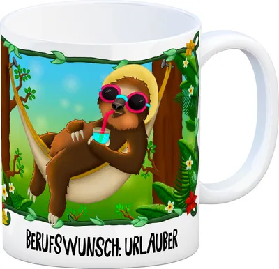 Produktbild von Kaffeebecher mit Faultier in Hängematte Motiv und Spruch: Berufswunsch: Urlauber