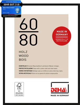 A product image showing a picture frame with its specifications and certifications.