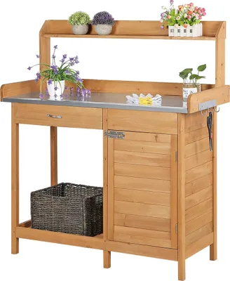Produktbild von Yaheetech Pflanztisch mit Schubladen & Unterschrank, Blumentisch Gärtnertisch mit verzinkter Arbeitsplatte, wetterfest, 101 x 46 x 125 cm, Holzfarbe