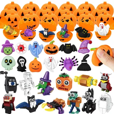 Halloween-Set: 24 Pomponen, 12 Squishies, 12 Bauklötze