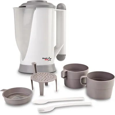 A travel kettle and accessories are displayed against a white background.