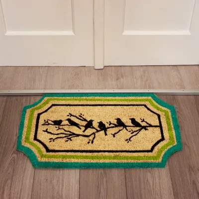 Zdjęcie produktu dla HOME ELEMENTS Mata z włókna kokosowego, ptaki na gałęzi z obramowaniem, 45x75 cm