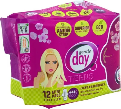 Zdjęcie produktu dla Gentle Day Teens Mini Pads With Far-IR Anion Strip Podpaski higieniczne z paskiem anionowym eco, 12 sztuk