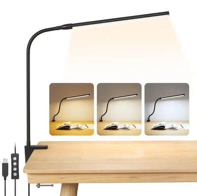 Produktbild von Lepro LED Schreibtischlampe Klemmbar, Tischlampe Architektenlampe mit Schwenkarm, Augenschutz Klemmleuchte USB, 3 Farben & 10 Helligkeitsstufen Dimmbar Tischleuchte für Büro, Schwarz