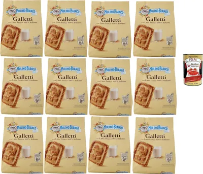 Produktbild von Mulino Bianco Galletti, Biscotti con latte 100% italiano, Kekse Mit frischer Milch 100% Italienisch, Palmölfreies, leckeres Frühstück, 12x 800 g + Italian Gourmet polpa 400g