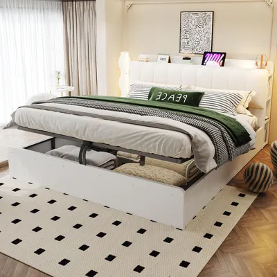 Zdjęcie produktu dla Łóżko Merax, drewniane, tapicerowane, 180x200 cm, z zagłówkiem z portami USB i lampką nocną LED, łóżko z hydraulicznym podnoszeniem i przestrzenią do przechowywania, z tapicerowanym zagłówkiem, podwójne, z półką, białe