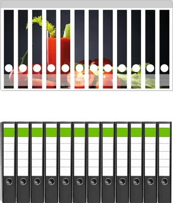 Produktbild von Wallario 12 Stück schmale Ordner inkl. Klebeetiketten mit Motive Frischer Tomatensaft mit Sellerie -  Set mit Rückenschildern / Ordnerrücken Stickern