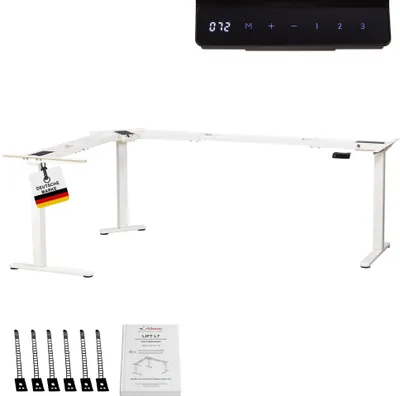 A white L-shaped standing desk frame with a control panel and accessories shown below.