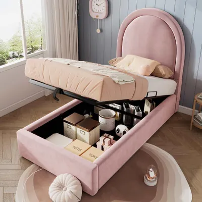 Produktbild von Samt Kinder-Einzelbett in Rosa für Jungen & Mädchen, ohne Matratze – Charmantes Polsterbett für gemütliche Nächte, 90 x 200 cm