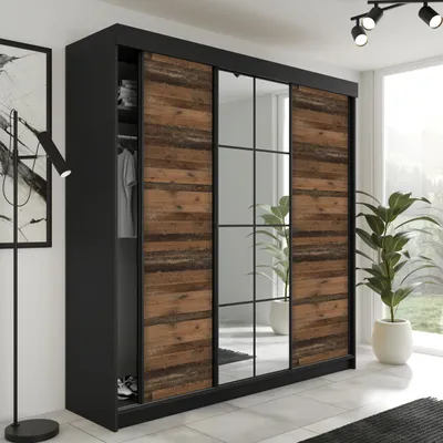 Image de KIER FURNITURE Armoire à portes coulissantes LAMARO avec miroir, armoire chambre à coucher 250x205x59 cm