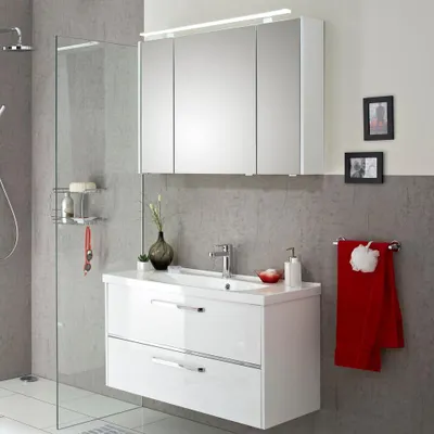 Produktbild von Badezimmer-Waschplatz FES-3050-66 Unterschrank in Hochglanz weiß mit Keramikbecken und LED - B/H/T: 105/200/43cm