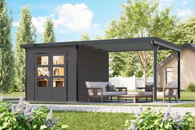Produktbild von Karibu Gartenhaus Hybridhaus Metall Pluto 3 terragrau Metall anthrazit 544x240x219 cm