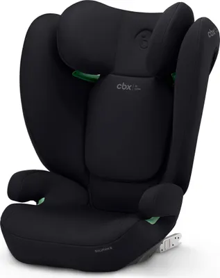A black child car seat is shown against a white background.