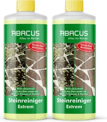 Produktbild von ABACUS® Steinreiniger Extrem, intensiver Steinreiniger für außen mit Sofortwirkung, entfernt sofort Schmutz, Grünbelag & Flechten auf Steinen 2x 1L