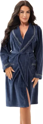 Produktbild von LEVERIE 220 Damen Bademantel mit Bindegürtel und Taschen, Dunkelblau mit Spitzen-Details Gr. XL