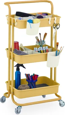 Immagine prodotto di Carrello Relaxdays, 3 ripiani, carrello di servizio, carrello da cucina per bagno e ufficio, scaffale su ruote, LxPxA: 86x42,5x36 cm, carrello per il bricolage, giallo