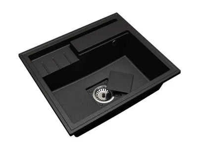Zdjęcie produktu dla Zlewozmywak granitowy jednokomorowy - Elite 6052 - Czarny - maskownica odpływu - chromowanym syfonem - deską do krojenia