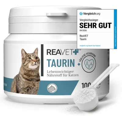 Produktbild von REAVET Taurin für Katzen 100g – Unterstützung des Herz-Kreislauf-Systems, Taurin Pulver 100% rein, Aminosäuren unterstützen Abwehrkräfte & Zellstoffwechsel