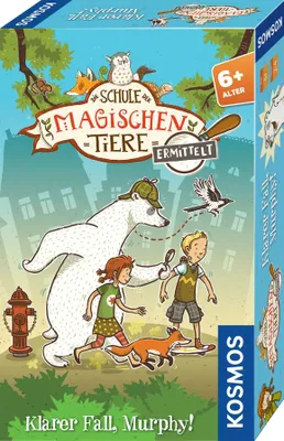 The image shows the front of a board game box with cartoon illustrations of animals and children. The game is titled 'Die Schule der magischen Tiere ermittelt' and is for ages 6 and up.