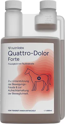 Produktbild von NutriLabs Quattro Dolor Forte 1 Liter | Ergänzungsfuttermittel für Pferde | Teufelskralle, Capsicum, Ingwer & Yucca