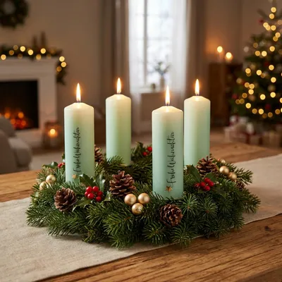 Produktbild von Adventskerzen mit Weihnachtsgruß und langer Brenndauer, 4 Stück