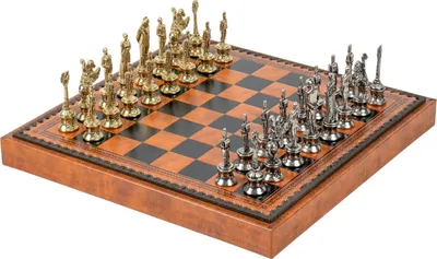 Produktbild von Italienisches Schachset Napoleon + Schachbrett Läderschwarz/Braun 35