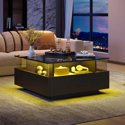 Produktbild von okwish Couchtisch LED-Hochglanz Beistelltisch für Schlafzimmer, Wohnzimmertische mit Stauraum fürs Wohnzimmer, Beistelltisch mit 2 SchubladenSchwarz