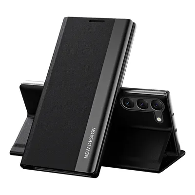 A black phone case with a flip cover and stand, shown in a studio setting.