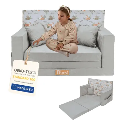 Produktbild von Flumi Kindercouch Kindersofa Spielsofa mit Schlaffunktion für Kinderzimmer -Schlafsessel mit Bettfunktion - Kindermöbel Hellgrau + Füchse