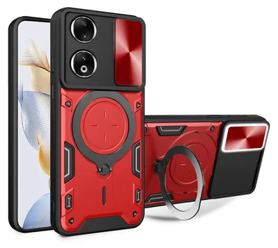 Produktbild von Handyhülle für Honor 90 5G Dual-Layer Stoßfest Rüstung Hülle mit Dia Kameraschutz und Kreisförmig Ring Ständer Rot