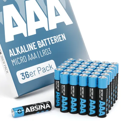 Immagine prodotto di ABSINA, confezione grande da 36 batterie AAA, 1,5V, alcaline. Batterie micro LR03 AAA a lunga durata. Batteria AAA LR3