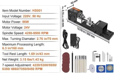 Immagine prodotto di Mini tornio per legno, diametro di tornitura di 2,76 pollici, interasse di 6,3 pollici, controllo a 7 velocità, 4250-8500 giri/min