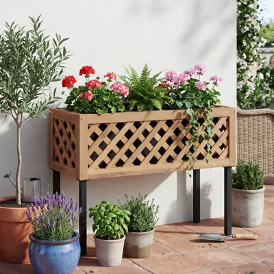 Image de Jardinière surélevée HWC-P86, bac à fleurs/plantes, pour l'intérieur et l'extérieur, en bois d'acacia ®, 59 x 82 x 32 cm ~ marron clair