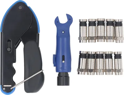 Produktbild von Koaxialkabel-Crimpzange RG59 RG6 mit Abisolierzange und 10 RG6 F-Steckern
