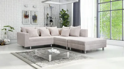 Produktbild von Wohnlandschaft Sofa Couch Ecksofa Eckcouch Cordstoff beige + Hocker Minsk R