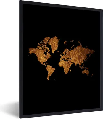 Produktbild von MuchoWow® Gerahmtes Poster Weltkarte - Gold - Linien 30x40 cm - Poster mit Schwarzem Bilderrahmen Wandposter Rahmen Foto Bilder - Wanddeko - Kunstdrucke