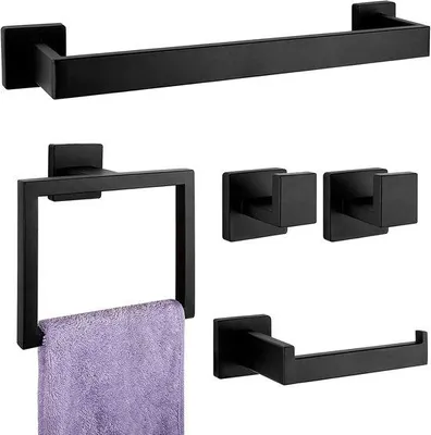 Image de Accessoires de salle de bains, ensemble de porte-serviettes en acier inoxydable, 5 pièces, noir mat, pour montage mural.