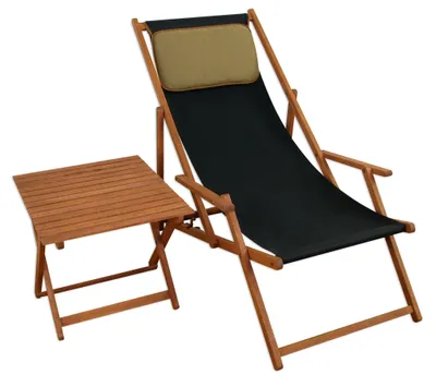 Produktbild von Deckchair schwarz Gartenliege Sonnenliege Strandstuhl Tisch Kissen Buche klappbar 10-305 T KD