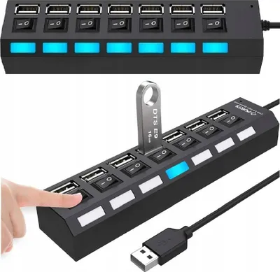 Produktbild von Hub Adapter 7 USB Typ-A 7x Splitter Verteiler Multi Port mit Schalter 7in1 Aktiv Datenhub Dockingstation Multiport Computer Notebook Laptop PC Windows Mac Retoo