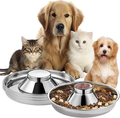 Produktbild von Zwei silberne, roestvrijstahl-voerbakken für Katzen und Hunde, 26 cm langsame Futterbäcke mit Anti-Slip für kleine, mittelgroße und große Hunde, Katzen und andere Haustiere.