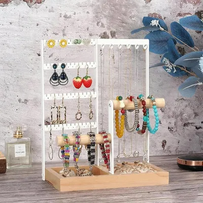 Imagen del producto de Soporte de joyería de madera multicapa, con base para anillos, ideal para collares, anillos, pulseras y almacenamiento de joyas