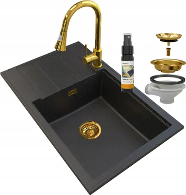Immagine prodotto di Granitan | Lavello in granito LOUIS GOLD - Nero con riflessi dorati - Design moderno - Installazione con accessori