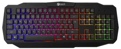A top-down view of a black gaming keyboard with RGB backlighting.