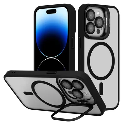 Immagine prodotto di Custodia Cadorabo per Apple iPhone 14 PRO MAX in NERO compatibile con MagSafe e funzione stand, inclusa la protezione dell'obiettivo della fotocamera - Custodia protettiva ibrida con bordo in silicone TPU e retro robusto