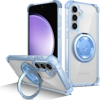 Obrázek produktu pro Pouzdro pro Samsung Galaxy S23 FE magnetický držák prstenu, stojánek, kompatibilní s MagSafe, vojenská ochrana, průhledné pouzdro modré